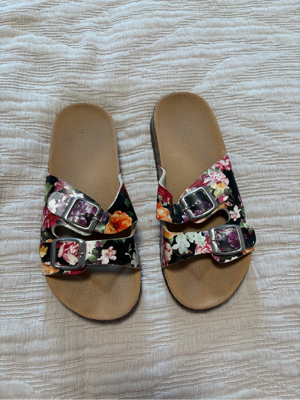 Urban Planet Black Floral Double-Buckle Kids Slide Sandals